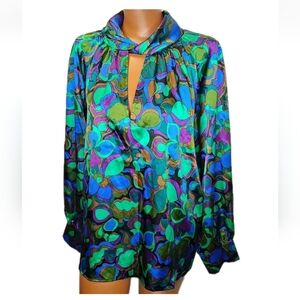 Floral & Ivy Satin Blouse Woman Large Retro 80s Abstract Colorful Floral Print